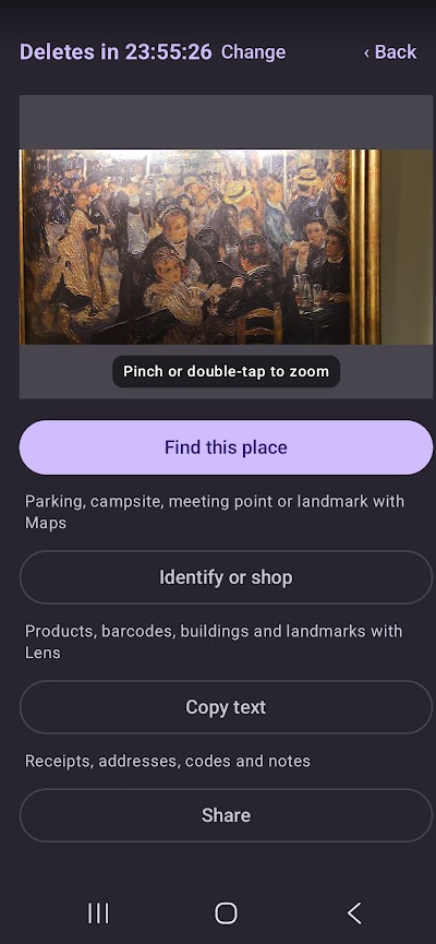 Photo Pin photo screen with actions to find a place, identify an item, copy text or share