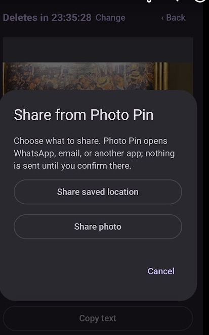 Photo Pin sharing choices for saved location or photo