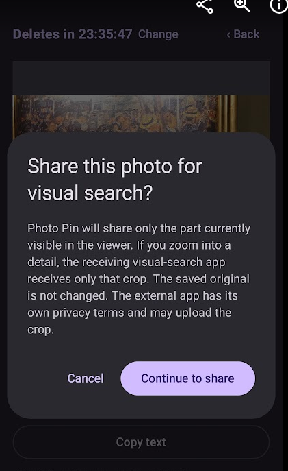 Photo Pin asks before sharing a photo crop for visual search